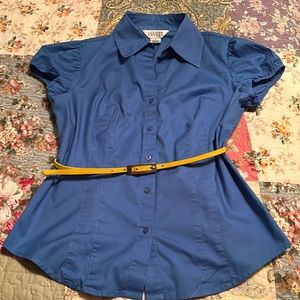 Allison Taylor button down cap sleeve blue shirt with yellow belt